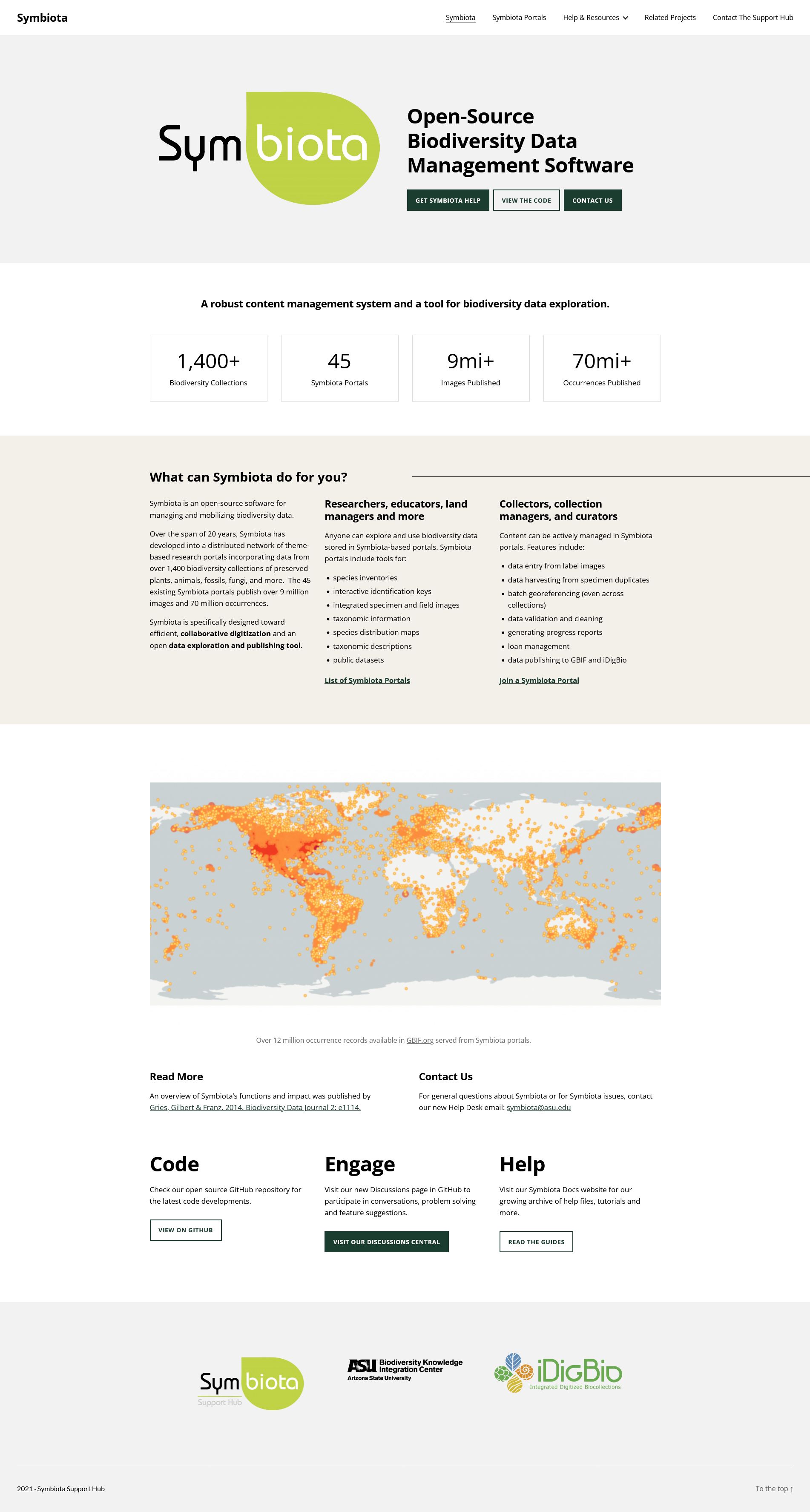 Full screenshot of the front-page of Symbiota.org